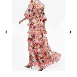Alice + Olivia Brooke Floral High Neck Tiered Lace Trim Pink Maxi Dress Sz 2